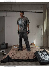 Black Washed Distressed Straight Flared Jeans