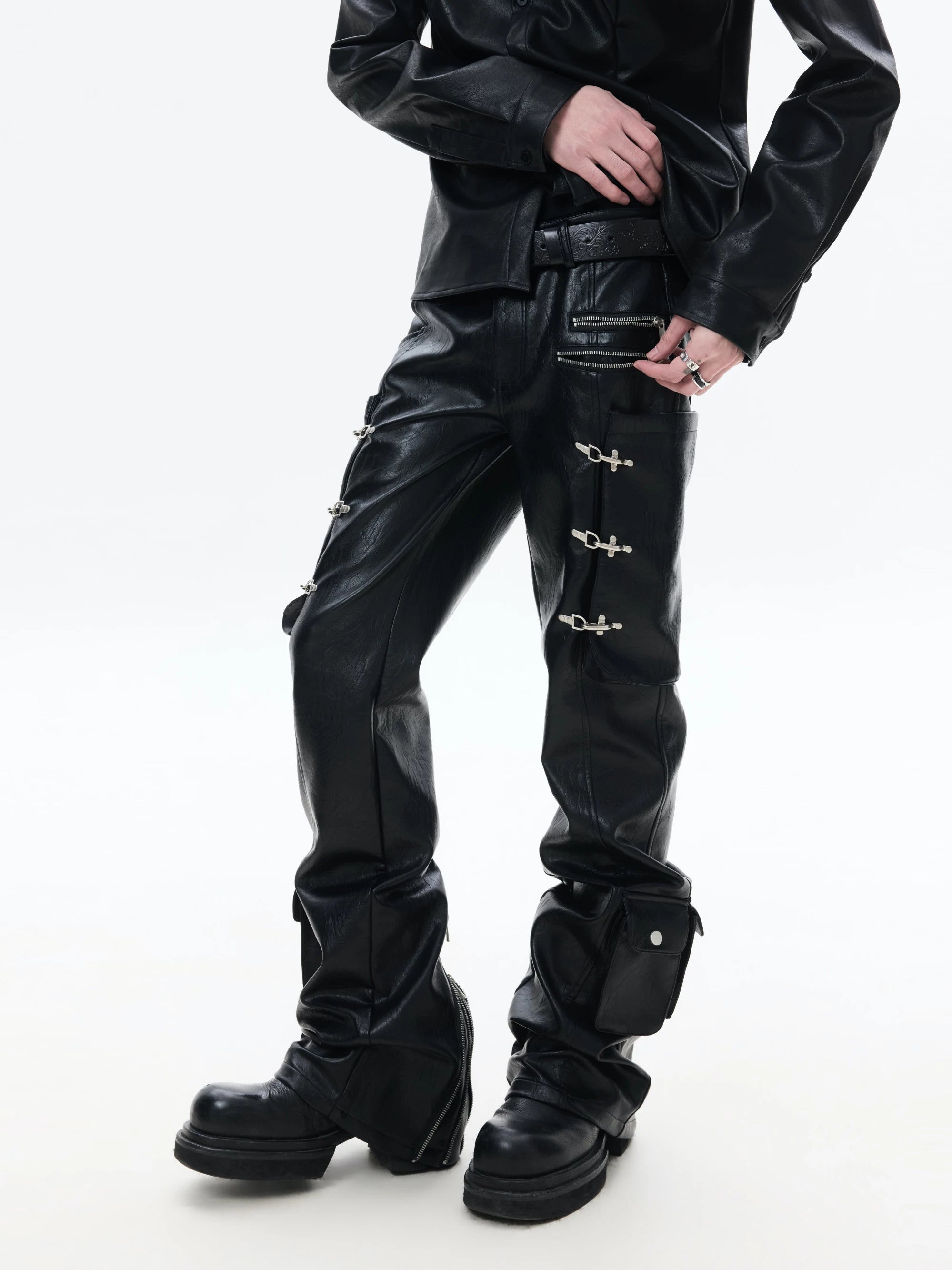 Zippered Flared Leather Casual Pants