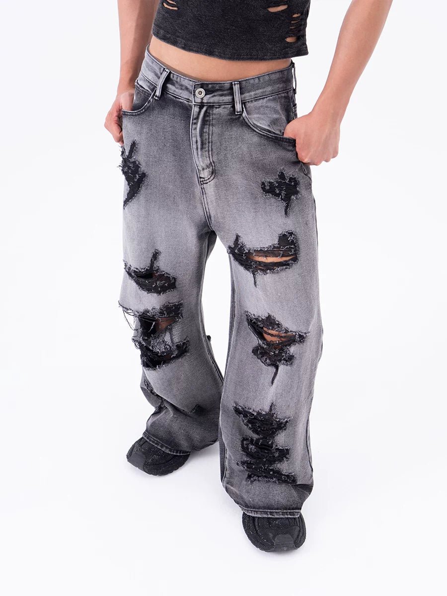 Men's Ripped Baggy Straight Charcoal Jeans
