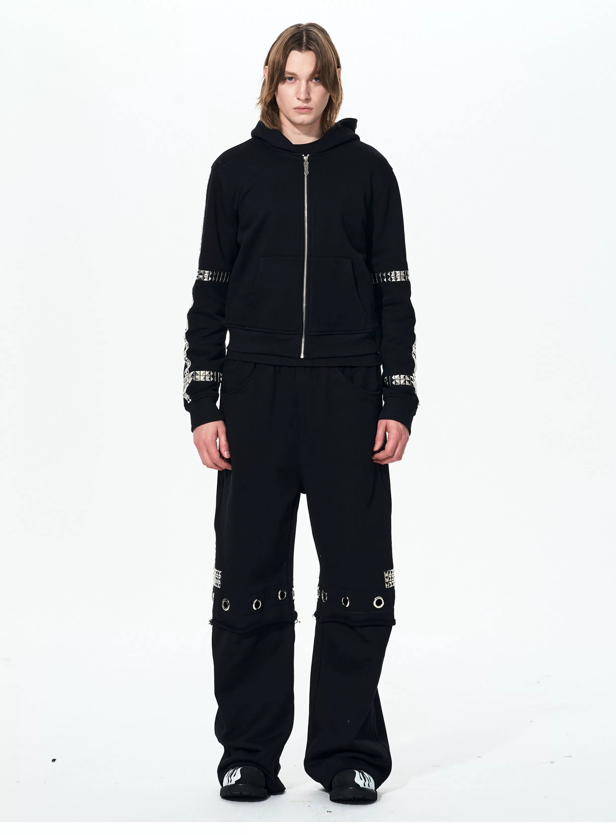 Men's Black Straight Two-In-One Riveted Sweatpants
