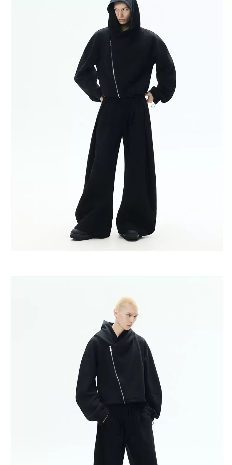 Curved Sleeves Zip Hooded Cardigan
