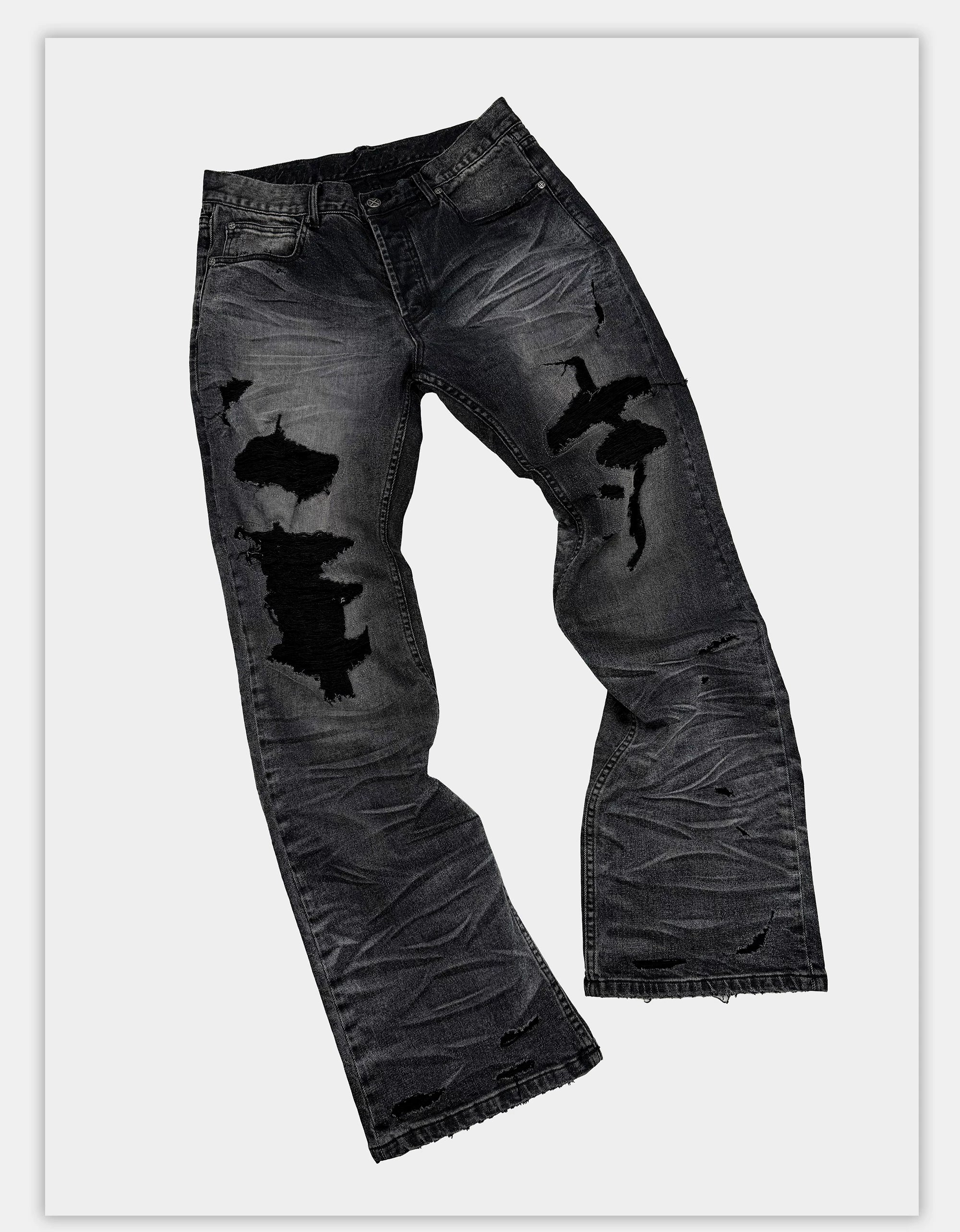 Distressed Gray Wash Relaxed Curved Jeans