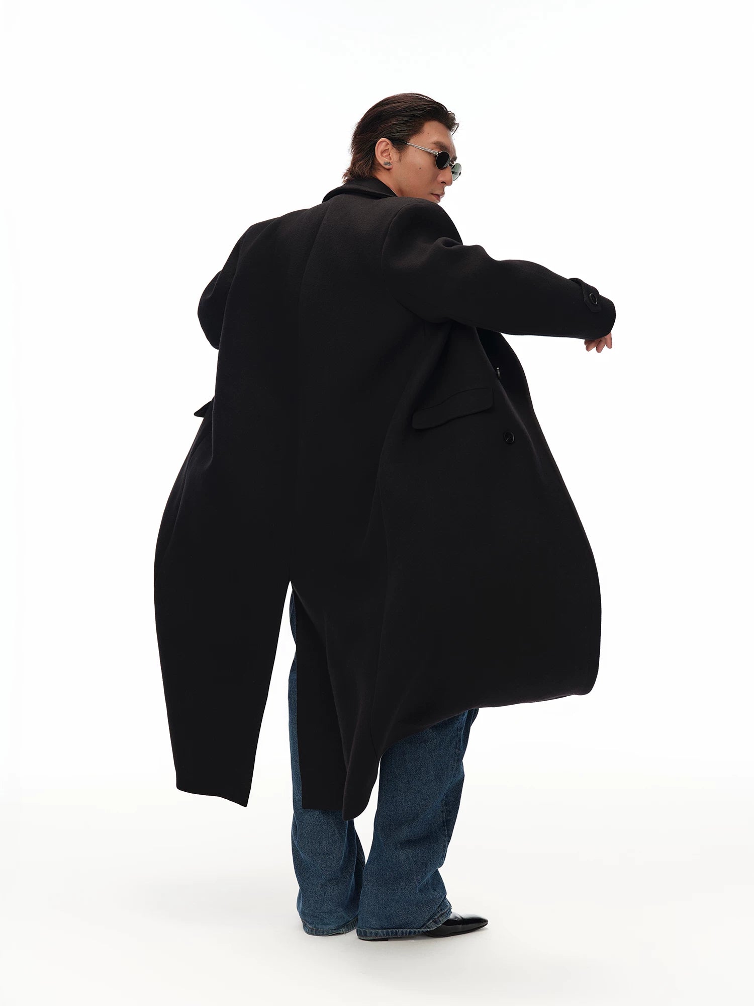 Men's Long Black Double-breasted Wool Coat