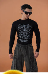 Skeleton Print Ribbed Fitted Long-Sleeve Tee