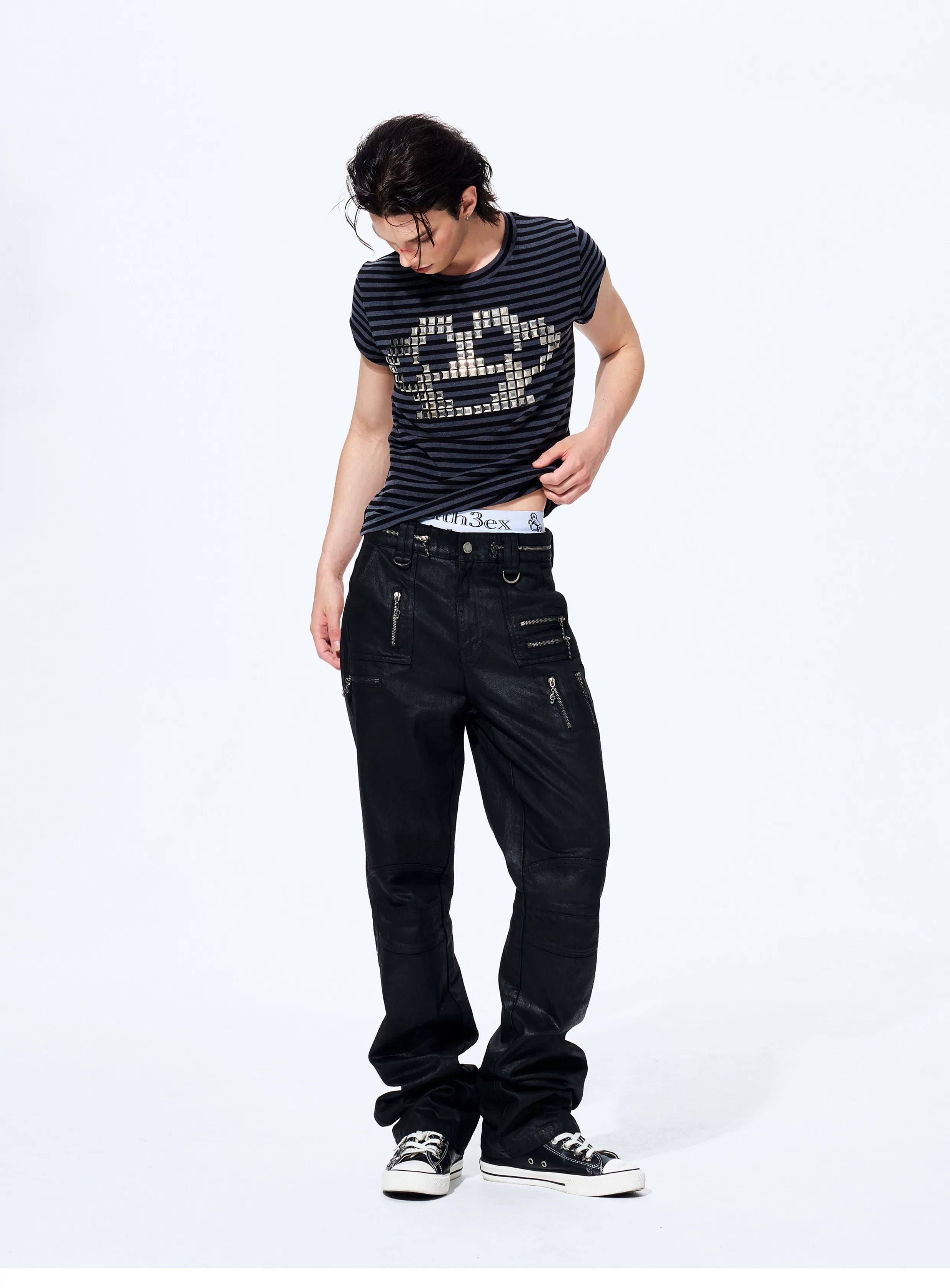 Men's Metallic Zip Waxed Straight Jeans