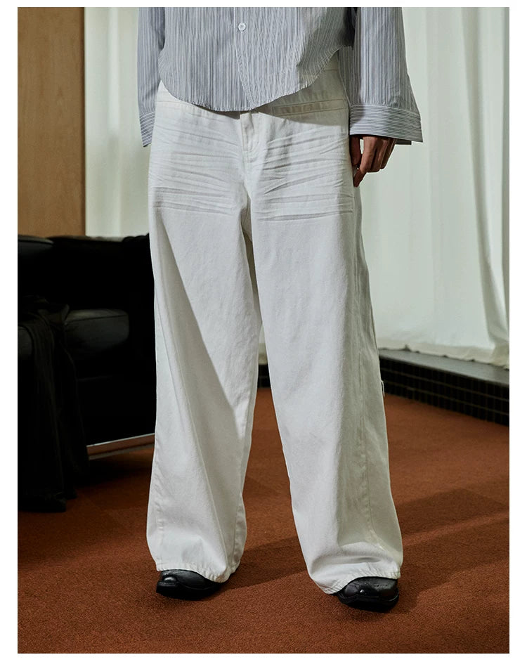 Pleated Distressed White Baggy Denim Jeans
