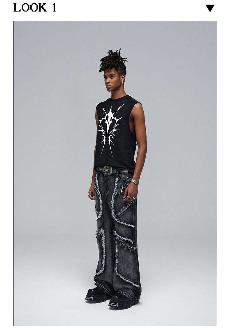 Fringed Ripped Washed Straight Jeans