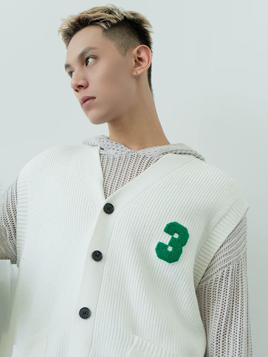 Men's Black-White Number Embroidered Knit Vest