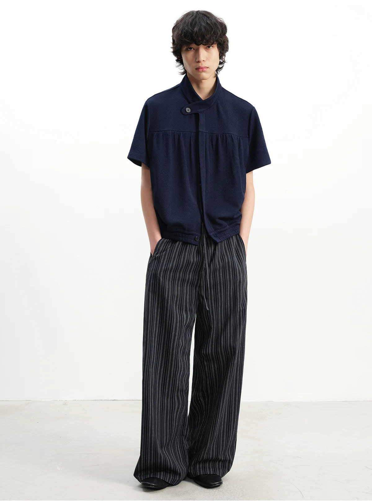 Navy Blue Pleated Short Sleeve Shirt
