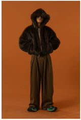 Black Red Hooded Faux Fur Coat