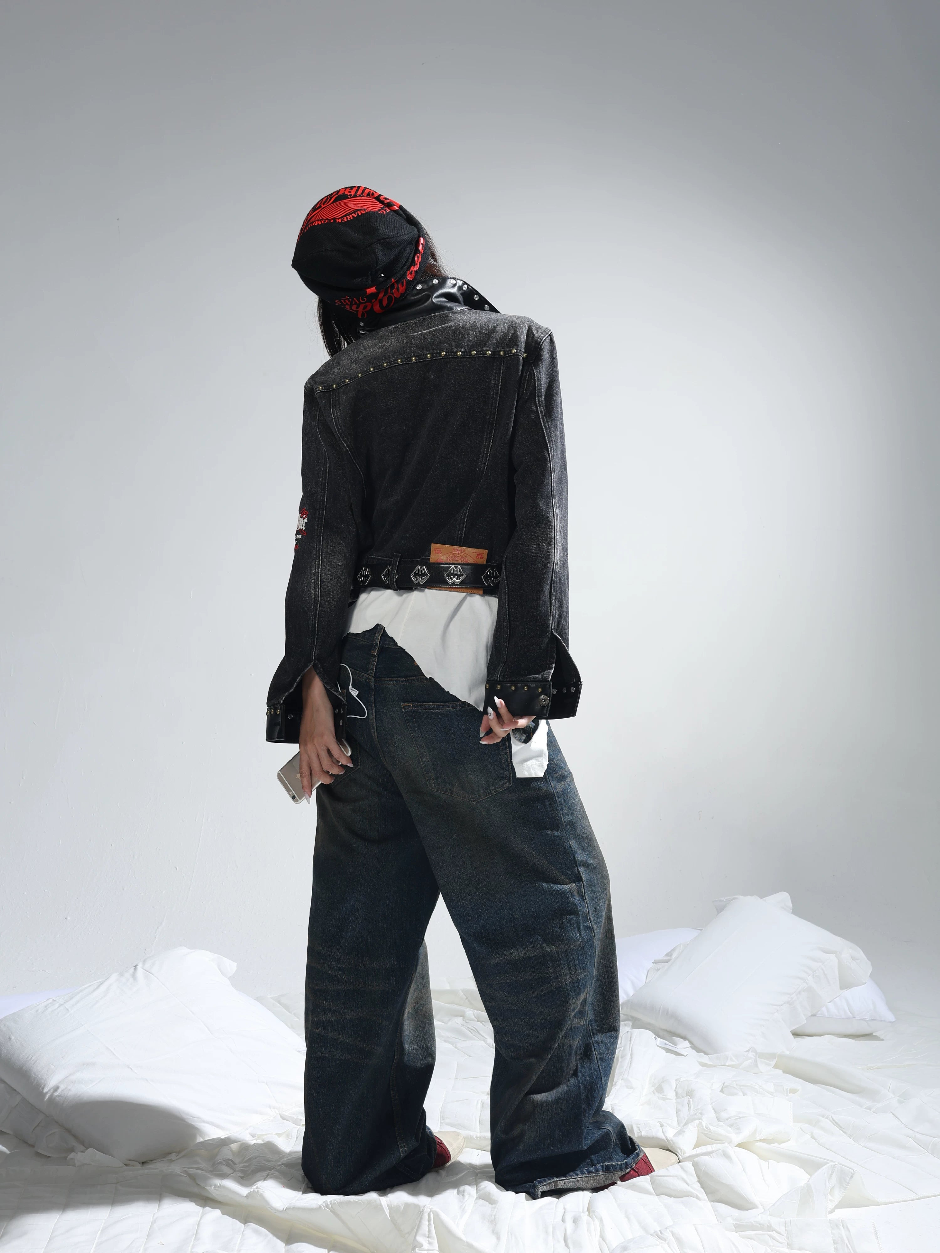 Black Cropped Embroidered Studded Denim Jacket