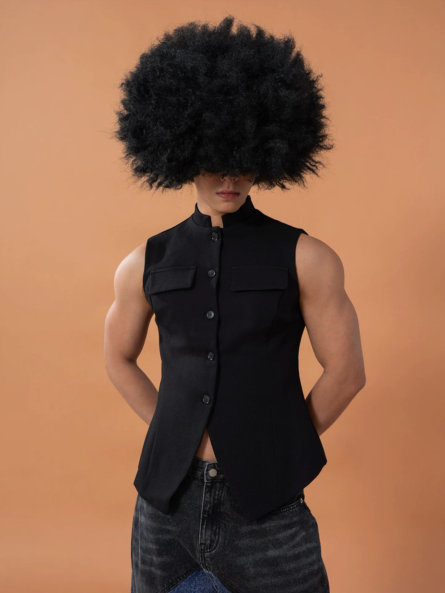 Black Slim Stand Collar Chinese Vest