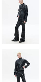 Black Zipped Coated Flared Leather Pants
