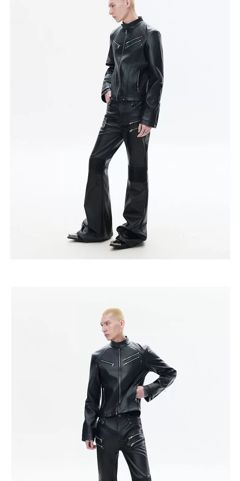 Black Zipped Coated Flared Leather Pants
