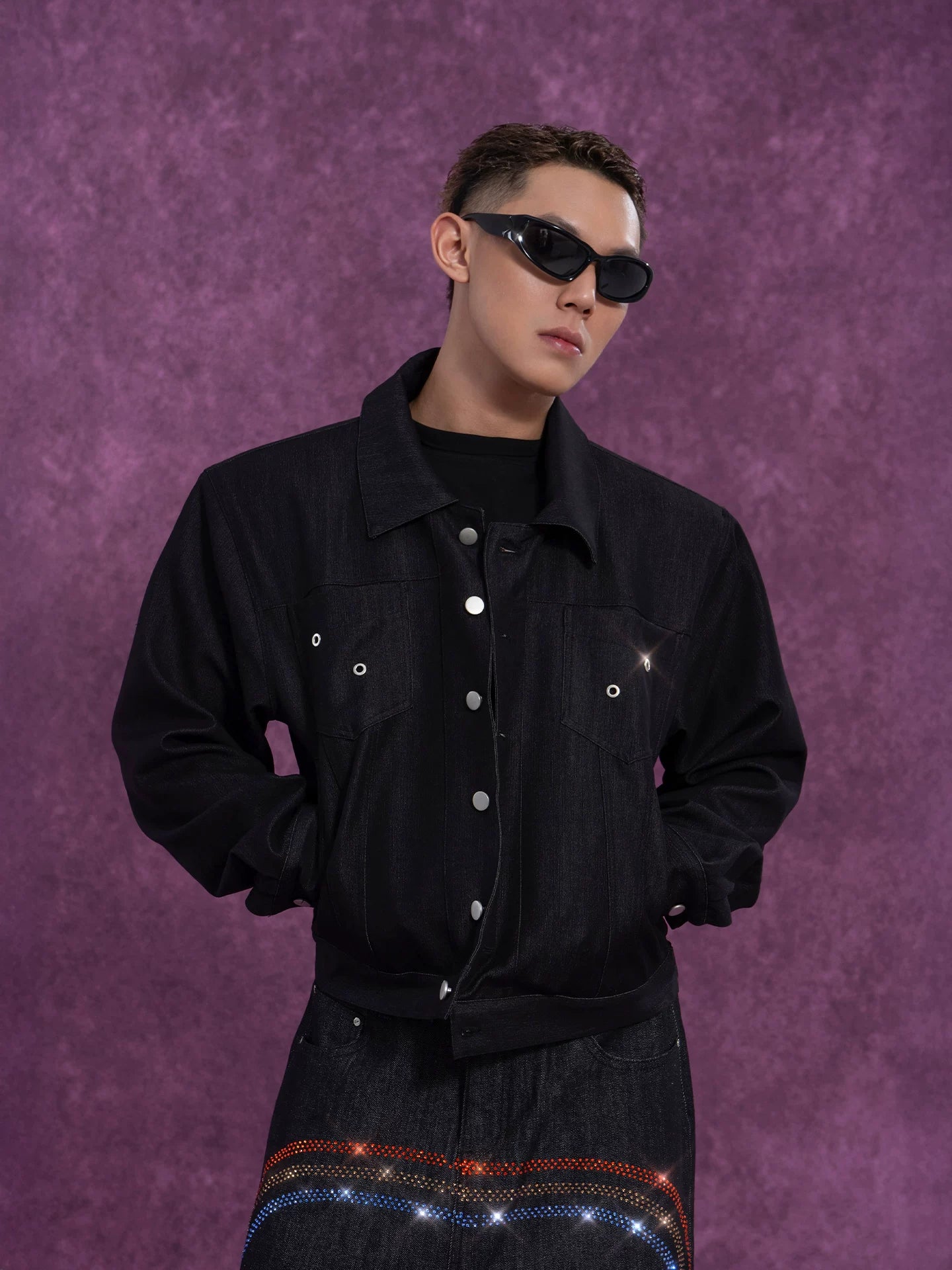 Men's Navy Padded Cropped Denim Jacket