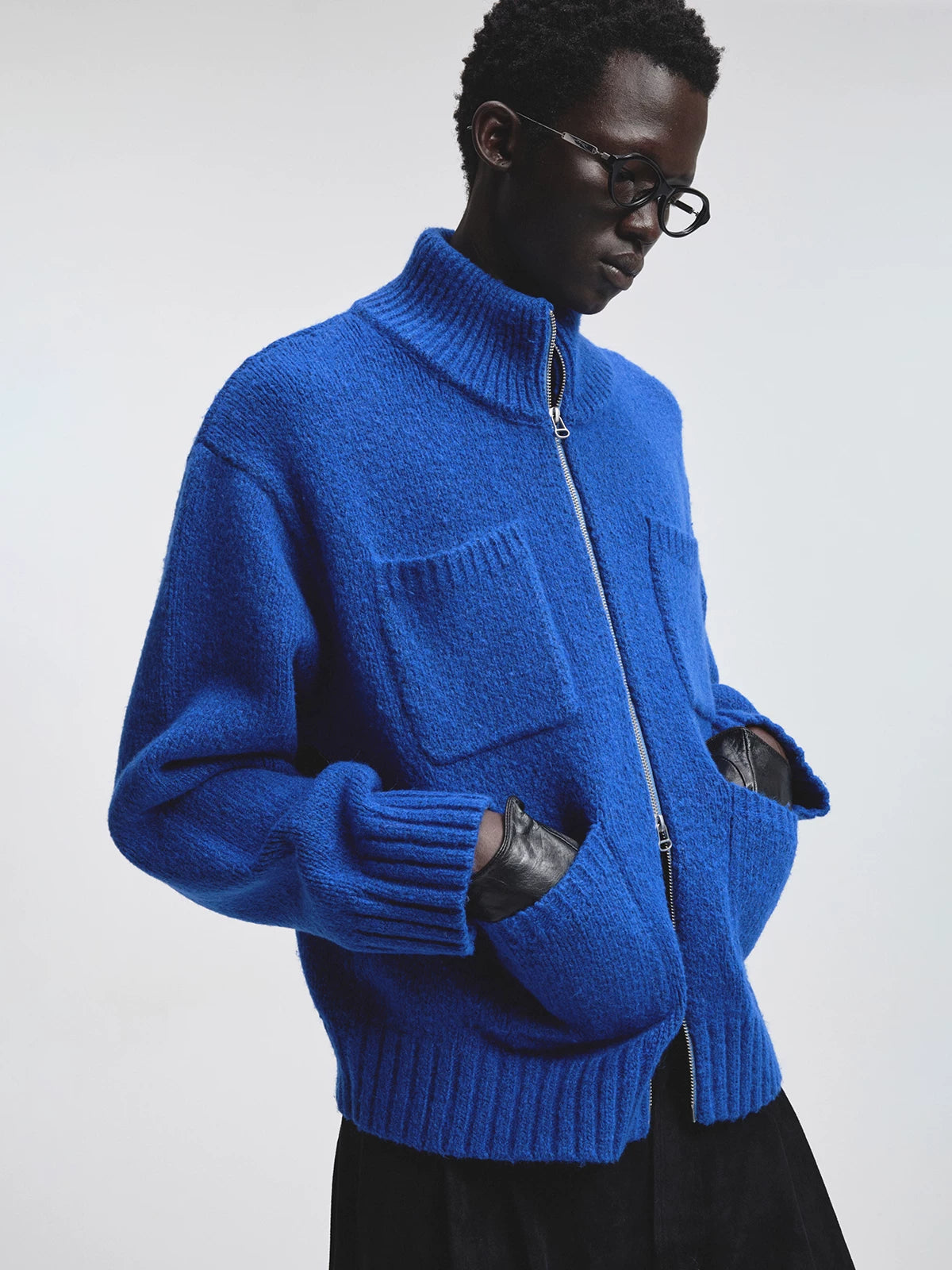 Alpaca Blend Multi-Pocket Zip Turtleneck Cardigan