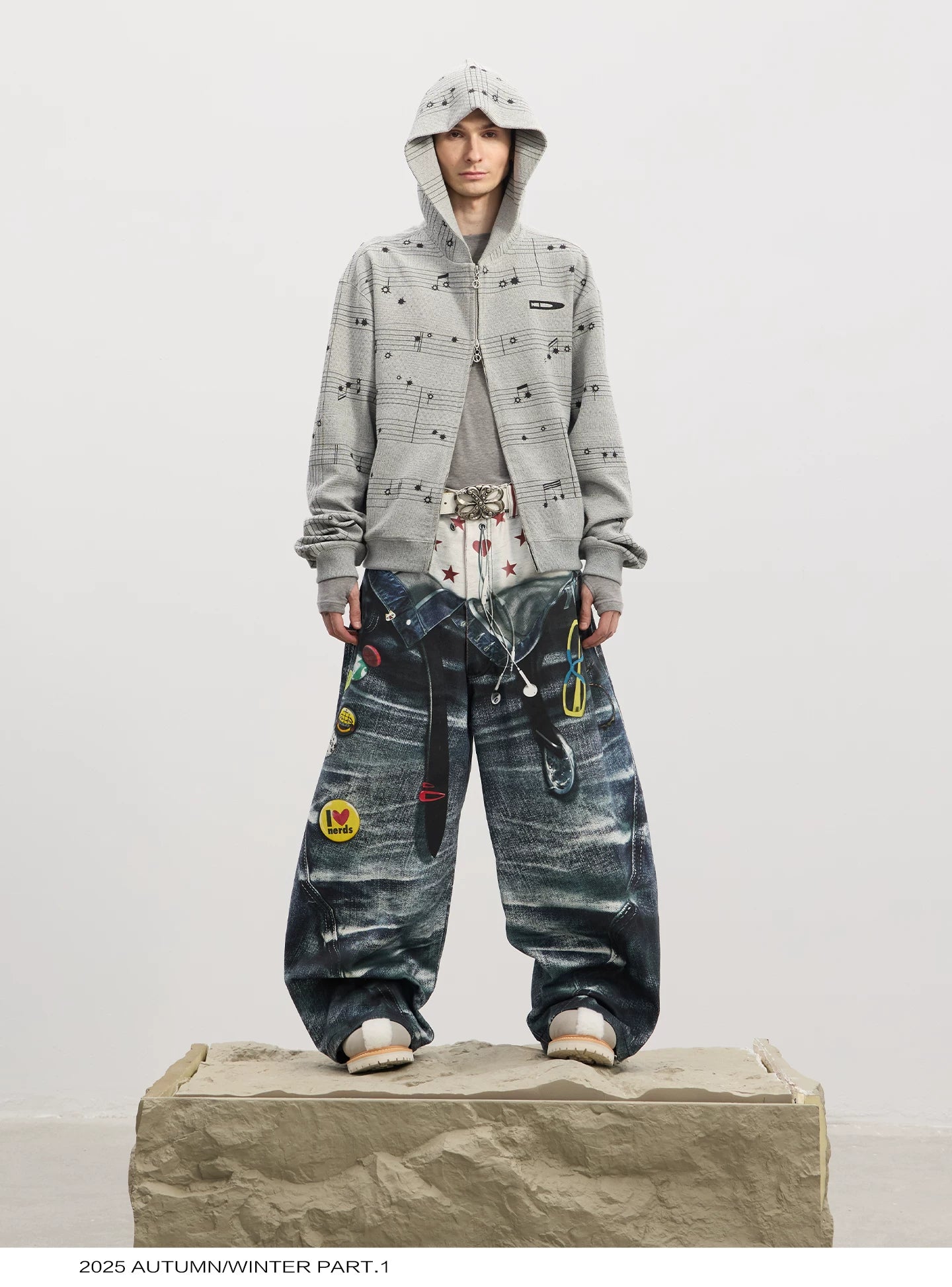 Double Waistband 3D Printed Baggy Jeans