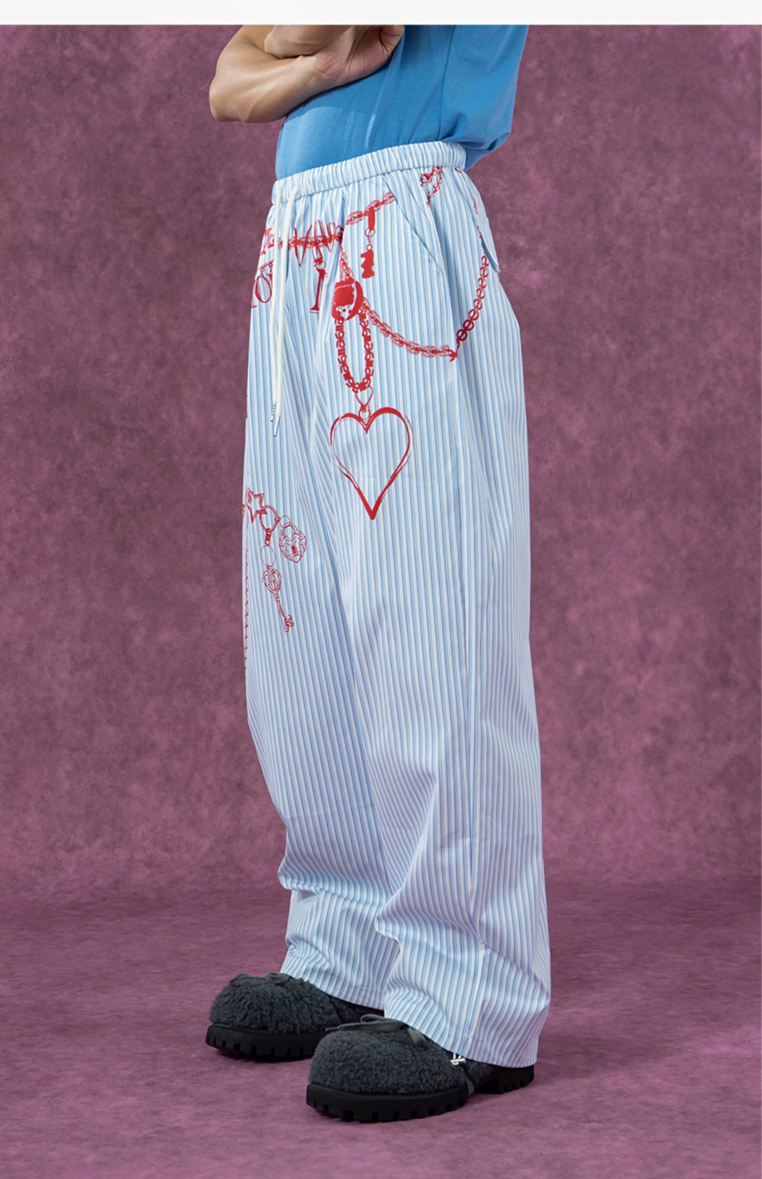 Men's White Striped Chain Print Pants