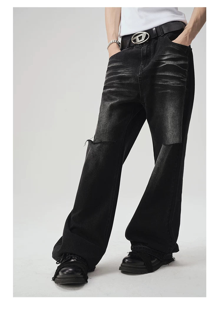 Two-Tone Distressed Wide Leg Flared Jeans