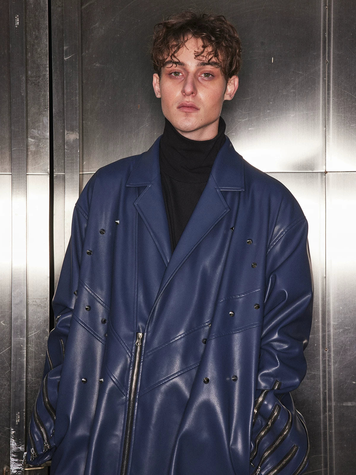 Navy Oversized Multi-Zipper Punk Leather Coat