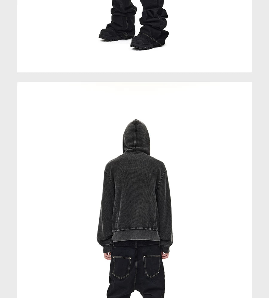 Distressed Waffle Riveted Zip-Up Hoodie