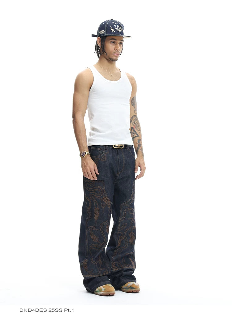 High-Density Embroidery Flared Raw Denim Jeans