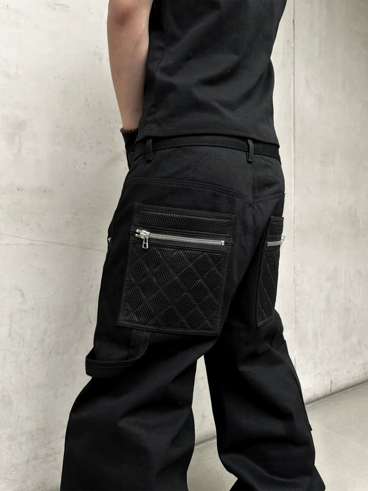 Black Waxed Straight Mesh Cord Jeans