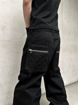 Black Waxed Straight Mesh Cord Jeans