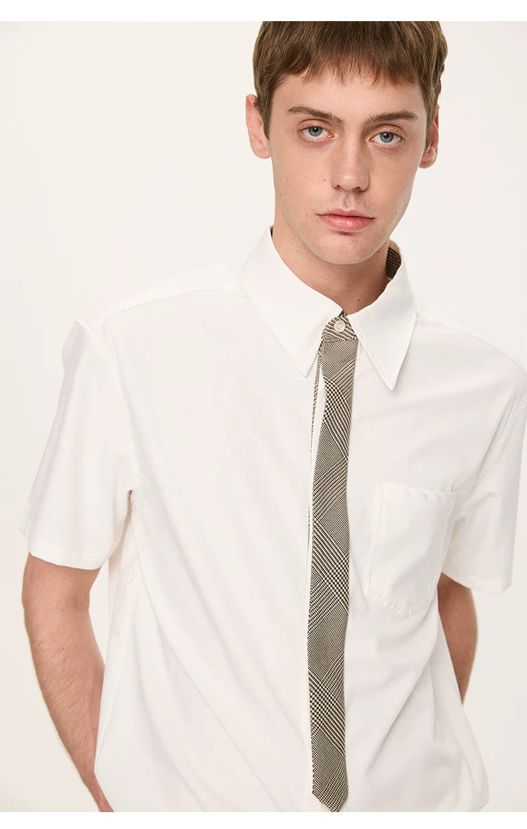 Striped And Houndstooth Short-Sleeved White Shirt