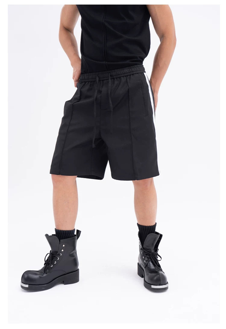 Black White Gray Striped Drawstring Shorts