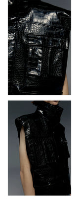 Croc Embossed Multi-pocket Sleeveless Leather Jacket