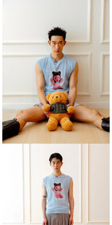 Sleeveless Vintage Bear Print Knit Top