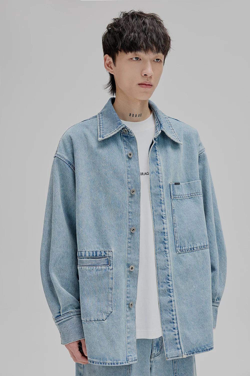 14Oz Washed Denim Asymmetric-Pocket Shirt Jacket