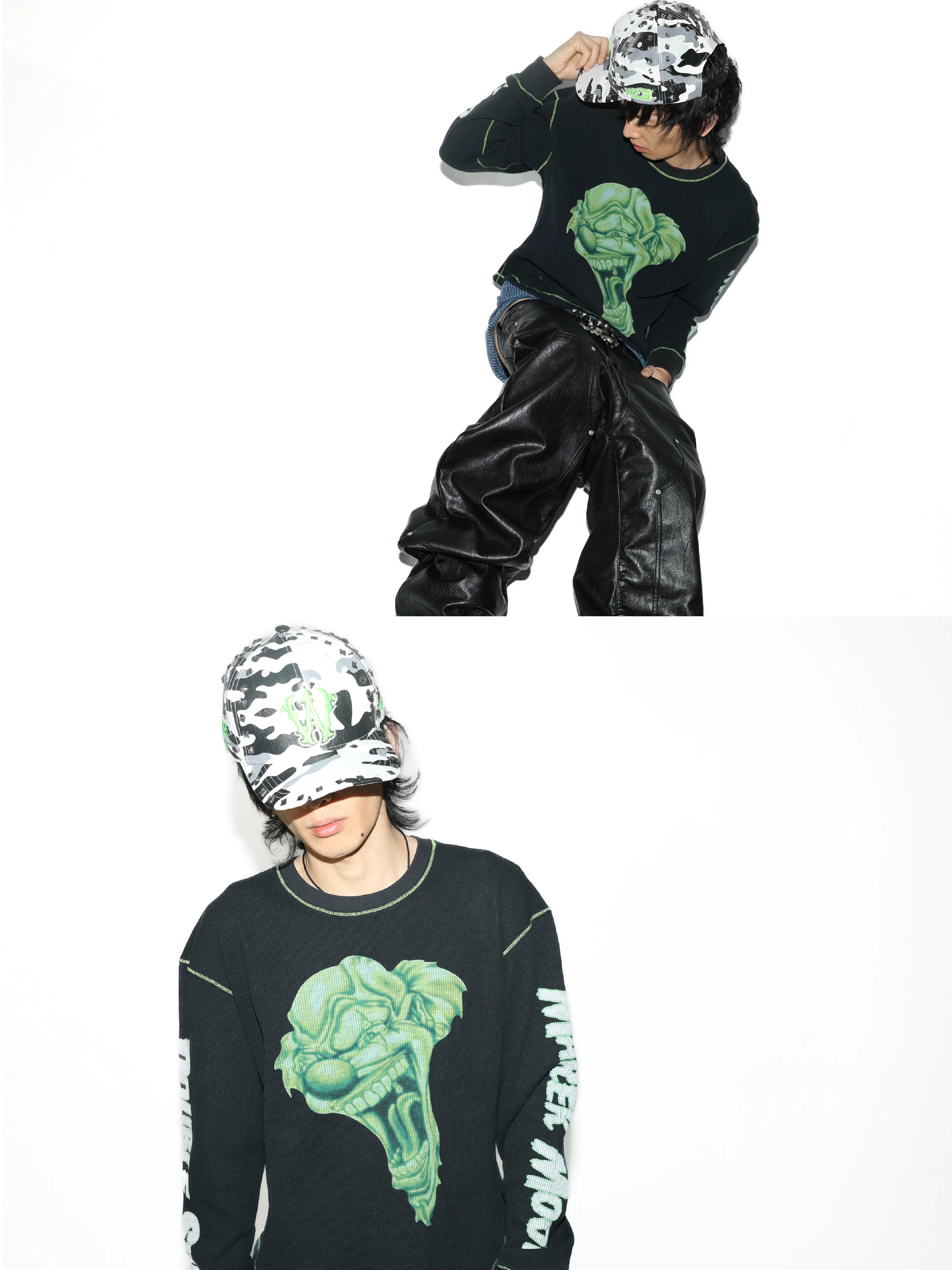 Black Green Printed Waffle Long-Sleeve Tee