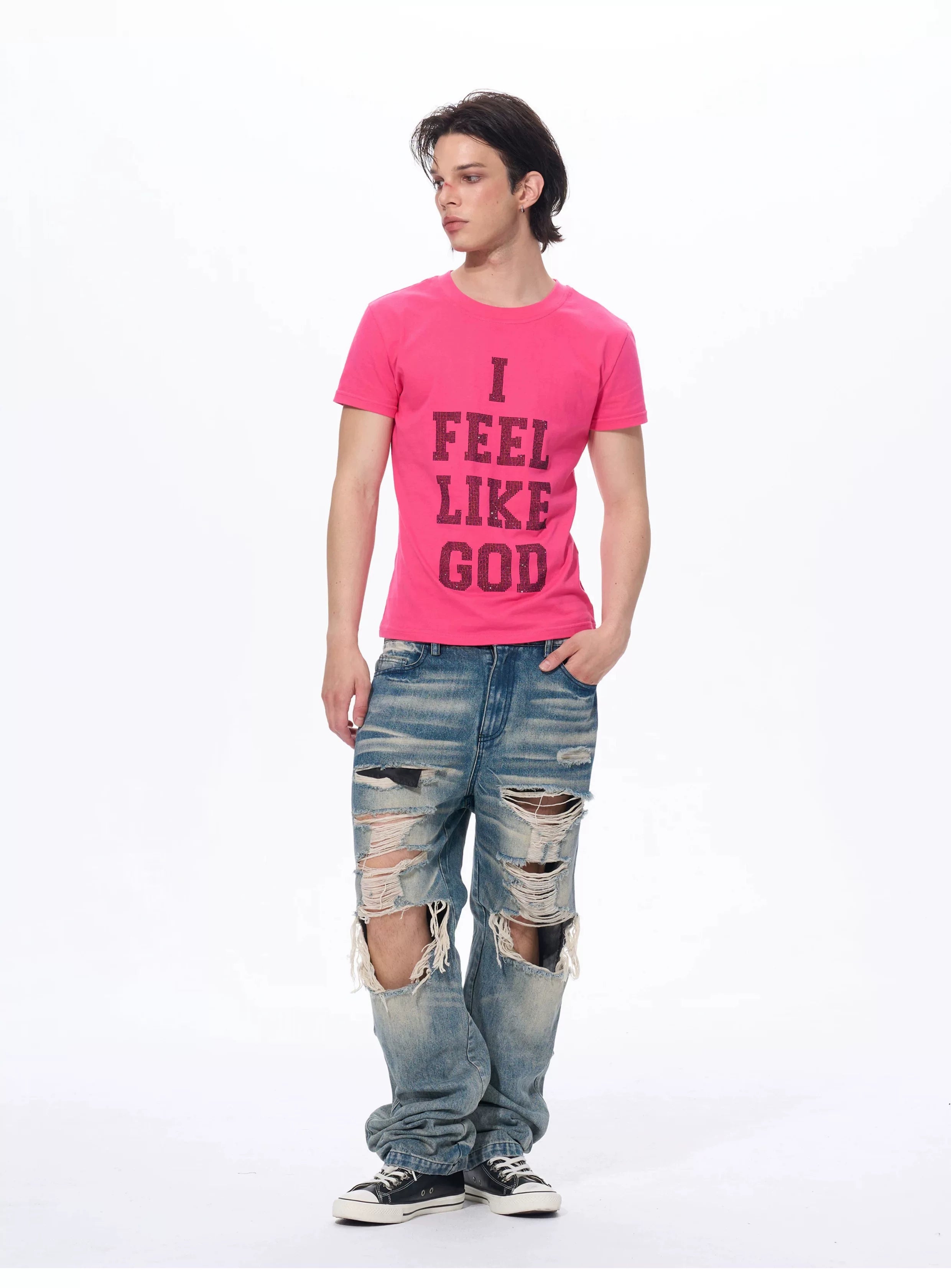 Men's Rhinestone Letter Crew Neck Tees