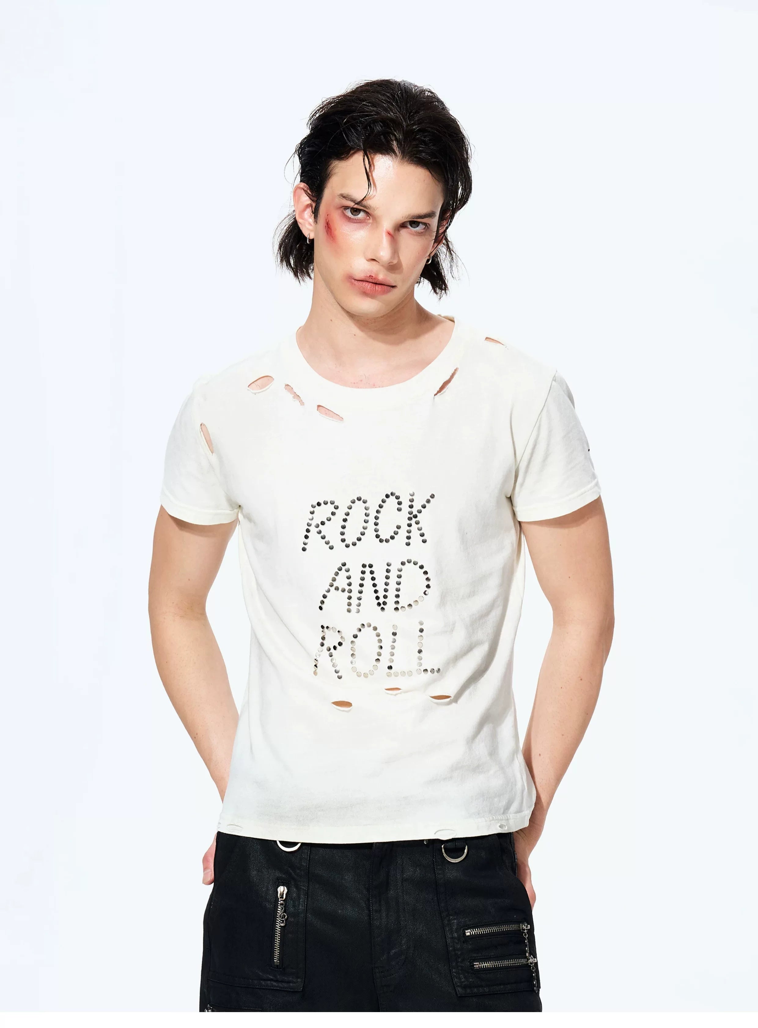 Unisex Rivet Letter Washed Distressed Tees