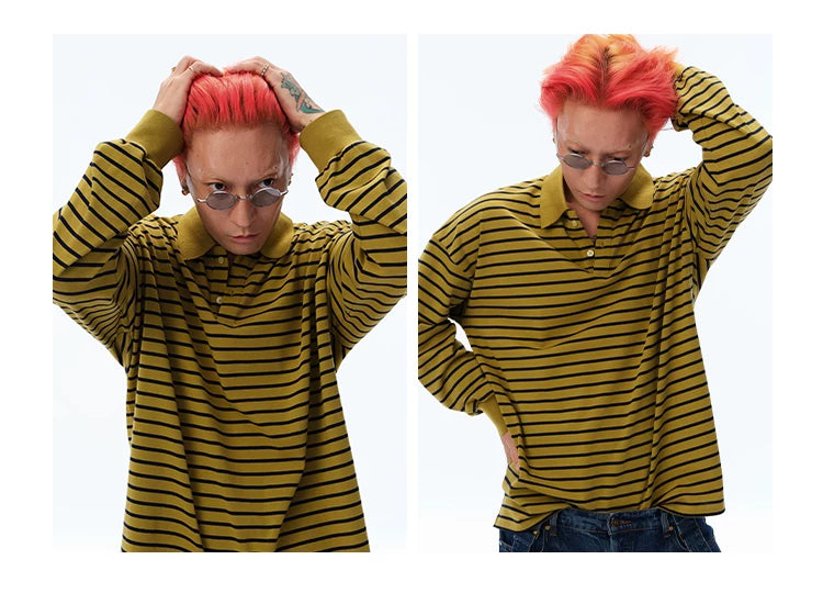 Men's Long Sleeve Striped Cotton Polo