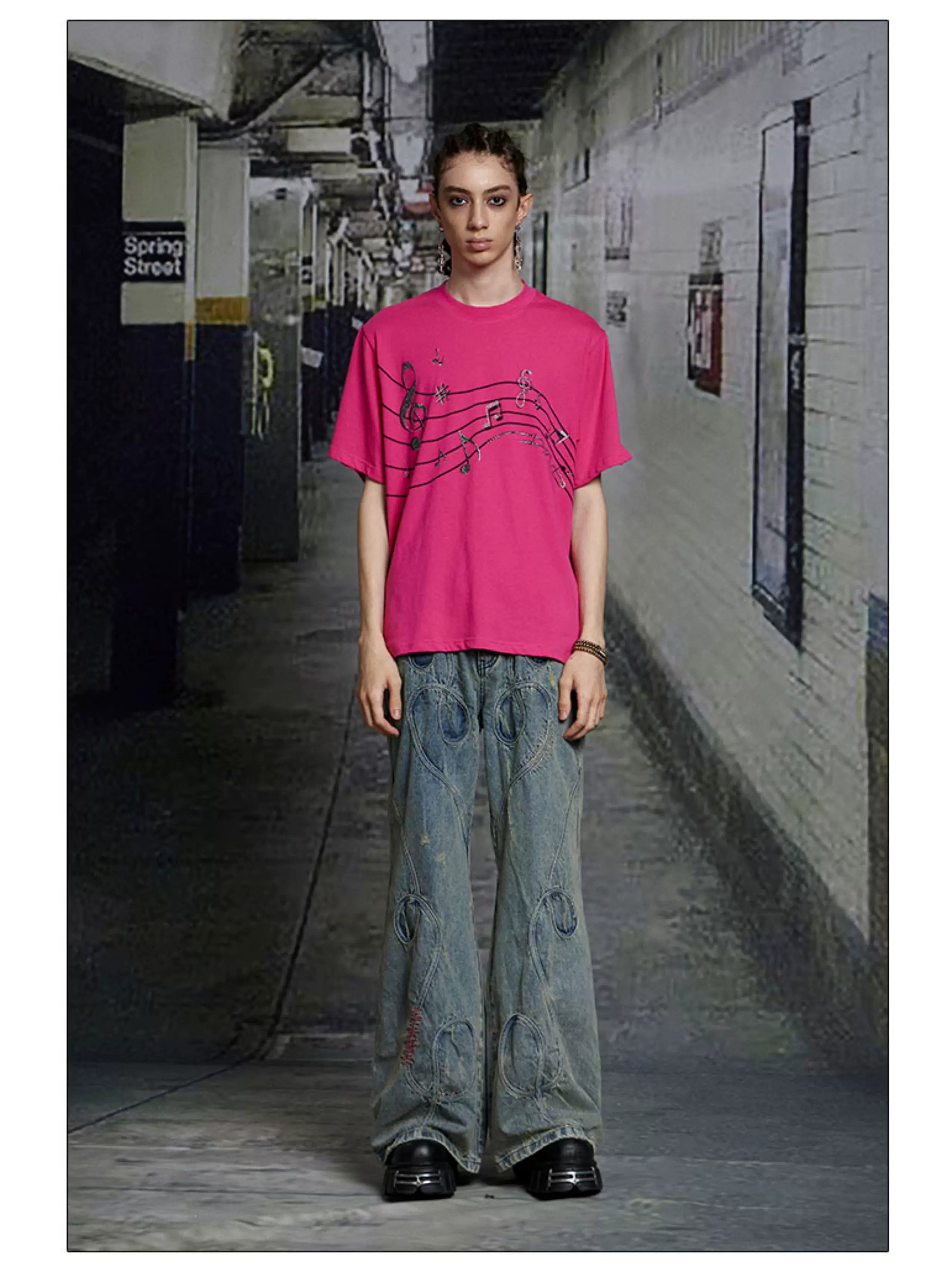 Vintage Pink Cotton Rhinestone Note Tee