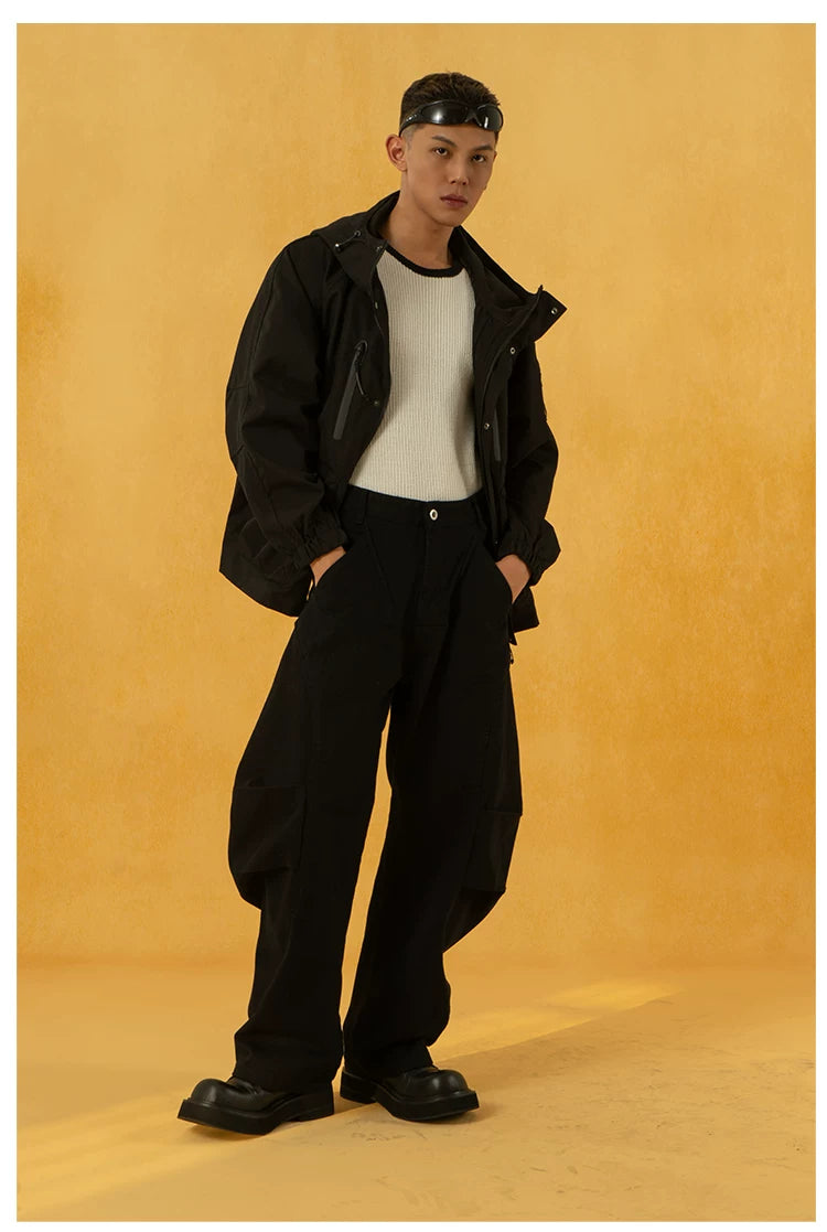 Men's Black Patchwork Wide Curved Jeans