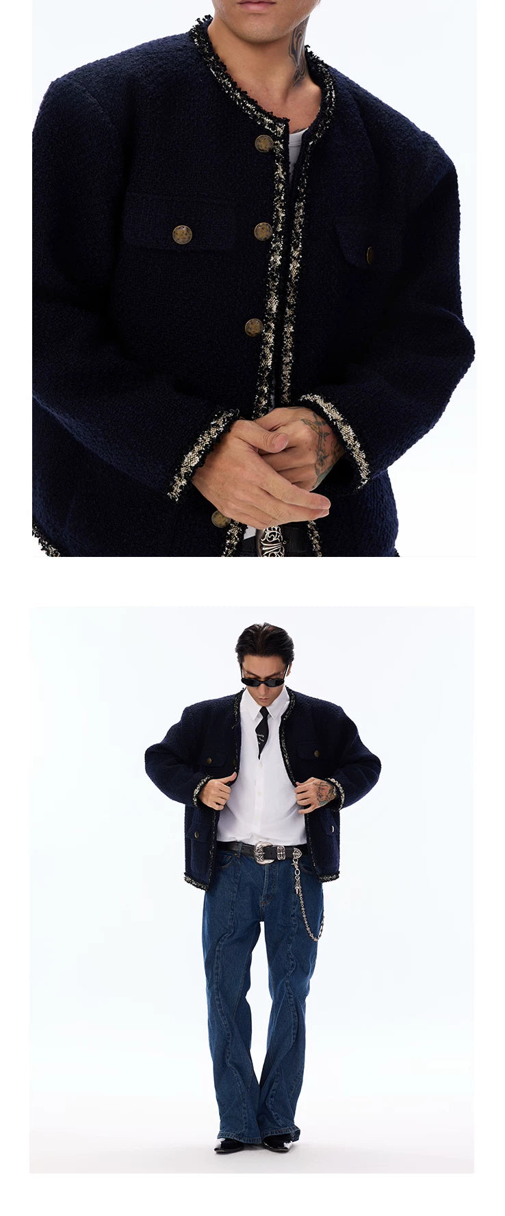 Wool Blend Navy Blue Tweed Coat
