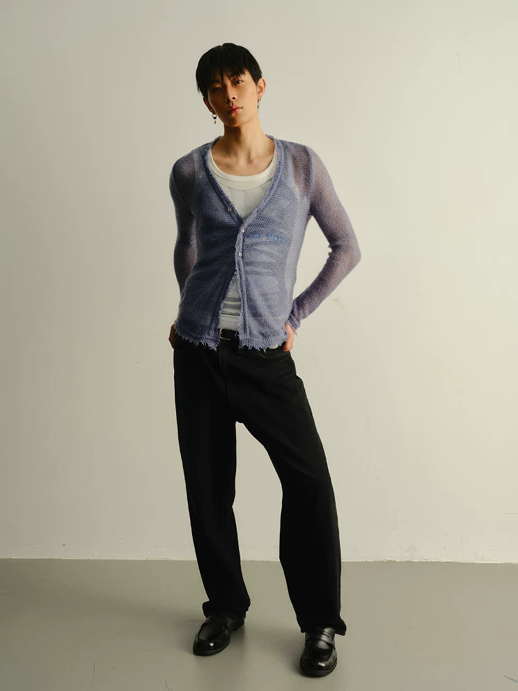 Frayed Slim Cutout Deep V-Neck Cardigan