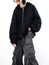Detachable Dual Hood Rhinestone Zip Hoodie