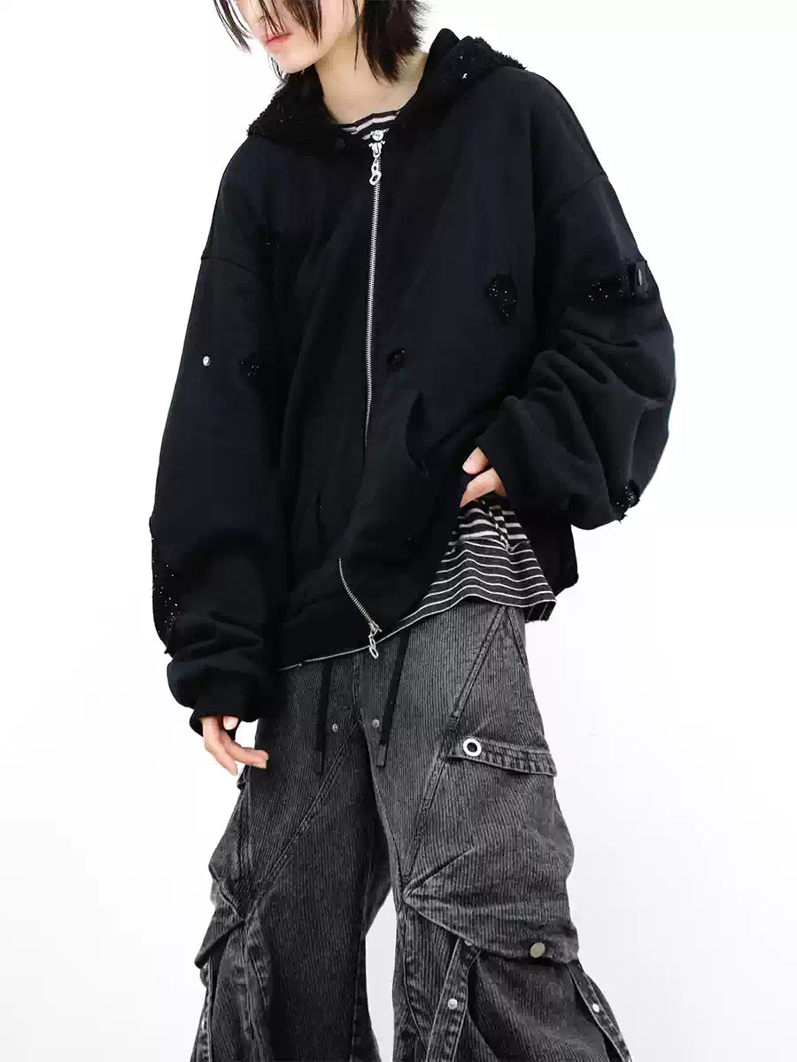 Detachable Dual Hood Rhinestone Zip Hoodie