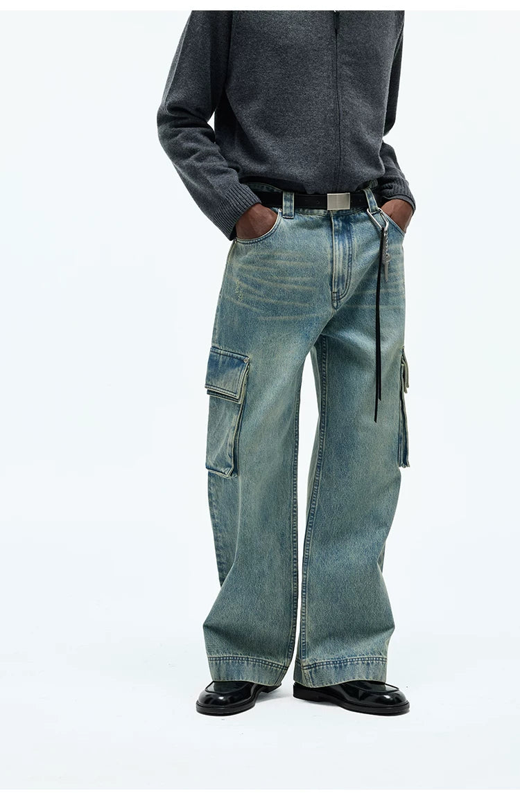 Washed Multi-pocket Straight Leg Cargo Jeans