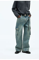 Washed Multi-pocket Straight Leg Cargo Jeans
