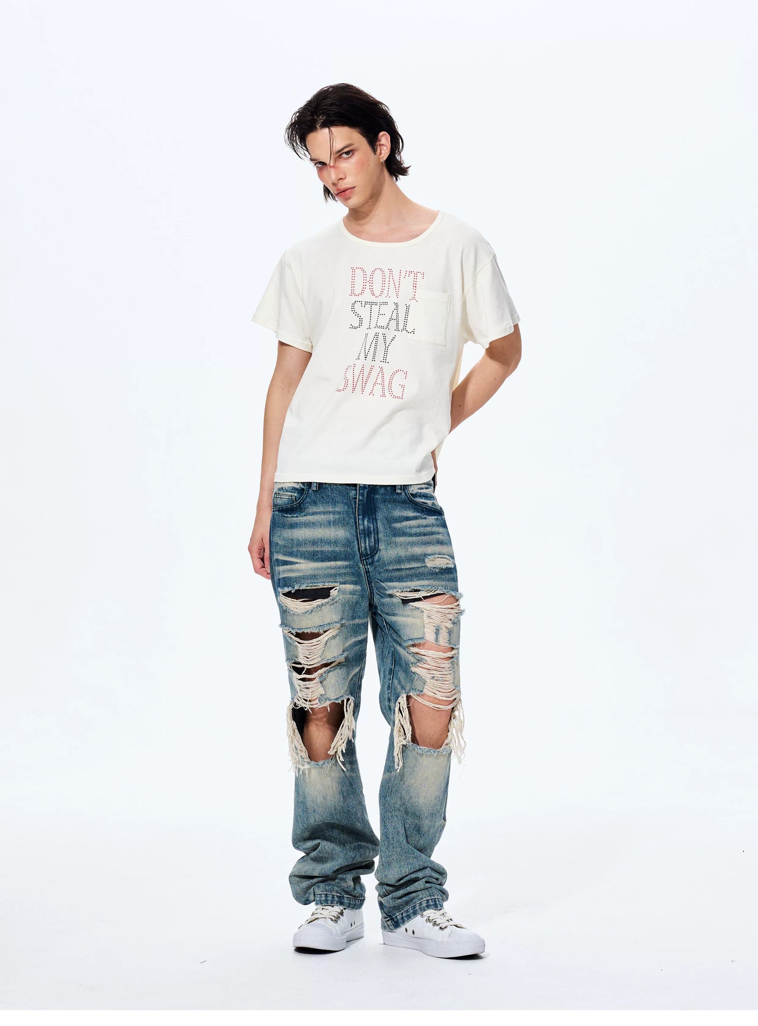 Men's Distressed Washed Straight Leg Jeans