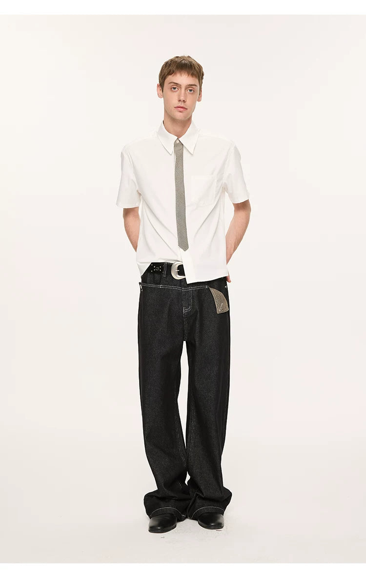 Striped And Houndstooth Short-Sleeved White Shirt
