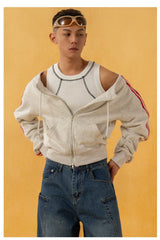 Heather Gray Striped Off-Shoulder Zip-Up Sweatshirt
