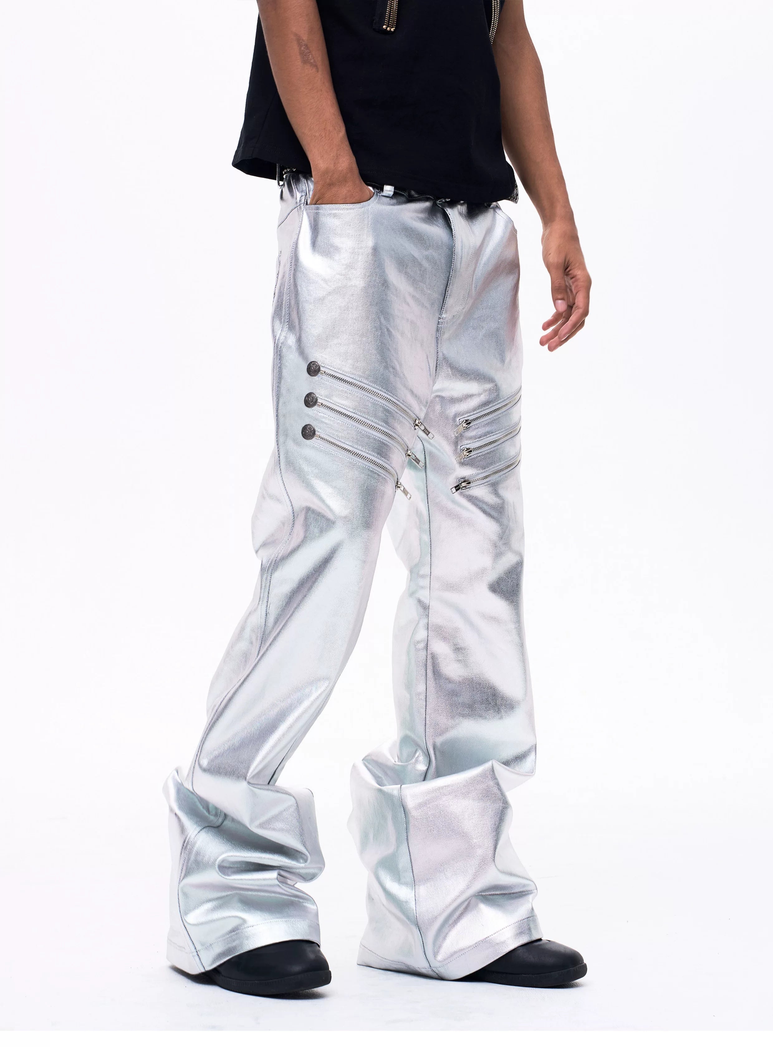 Men's Liquid Metal Silver Flared Jeans