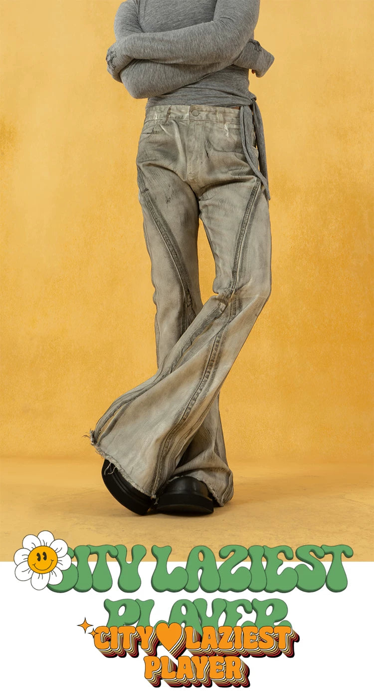 Men's Vintage Grey Distressed Flare Jeans